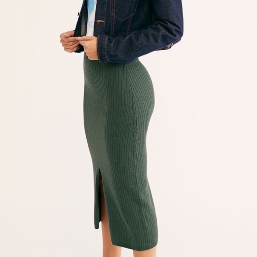 Free People Green Ribbed Midi Skirt